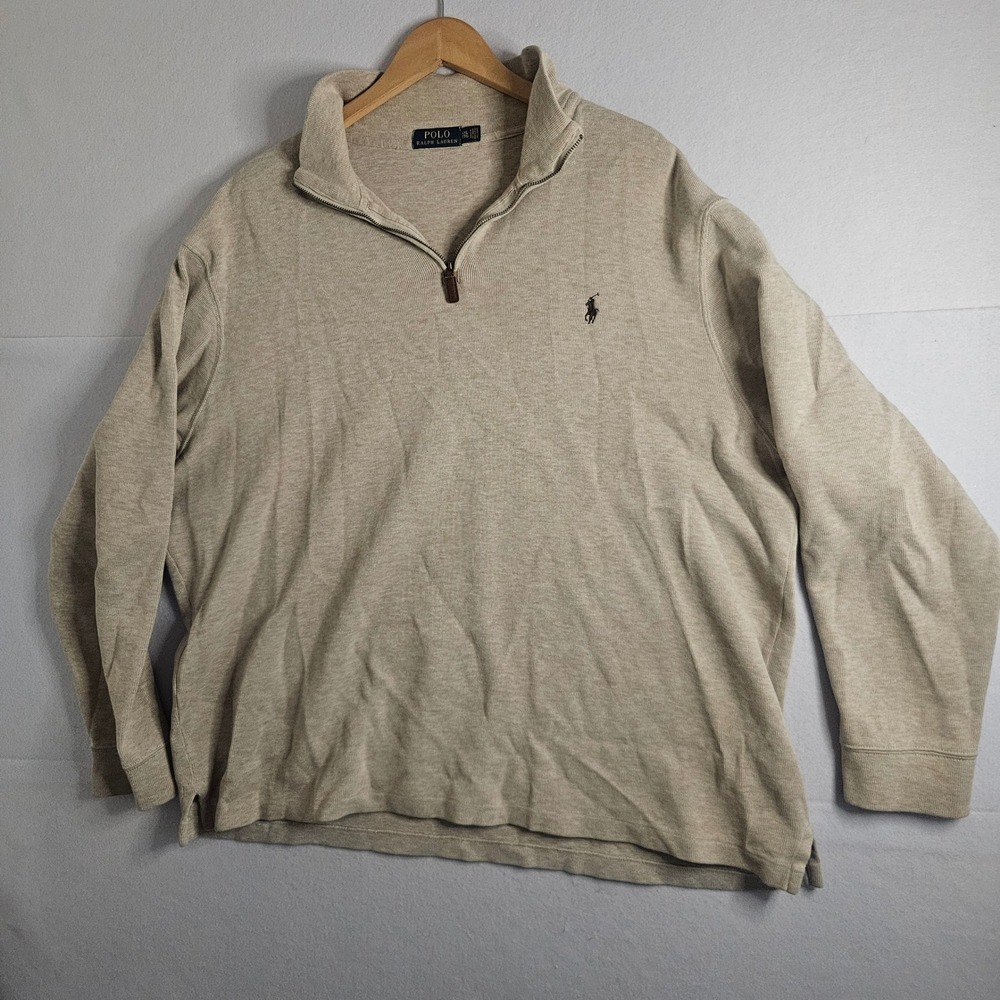 Polo Ralph Lauren Mens XXL Tan Heather Cotton Quarter Zip Pullover Sweater
